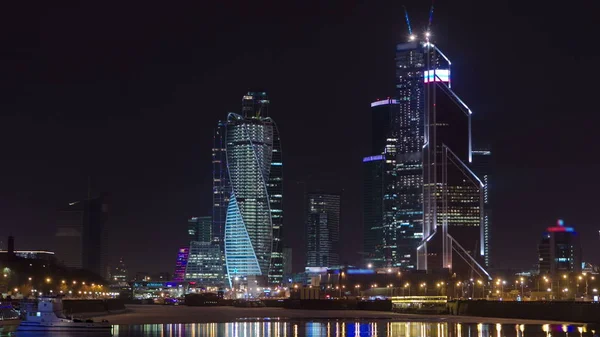 Skyskrapor International Business Center City Vinternatt Med Moskva Floden Timelapse — Stockfoto