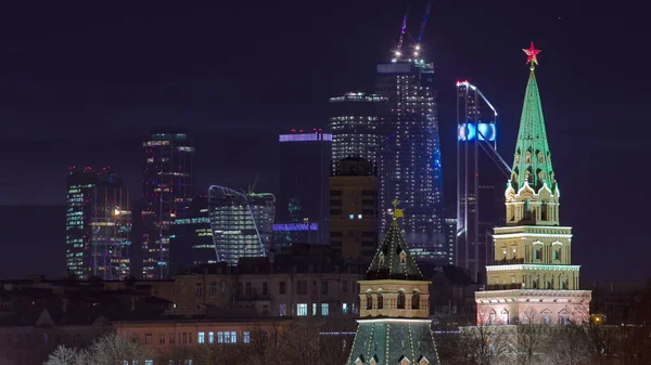 Rusya Bir Kış Gecesi Timelapse Moskova Nehri Boyunca Moskova Kremlin — Stok fotoğraf