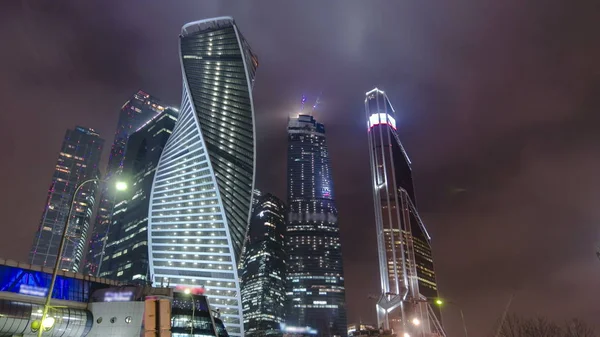 Felhőkarcolók International Business Center City Éjjel Közel Moszkva Folyó Timelapse — Stock Fotó