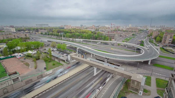 Vista Superior Tráfego Transporte Urbano Leningradskoye Shosse Com Viaduto Para — Fotografia de Stock