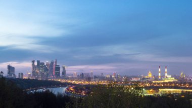 Moscow City, Rusya Federasyonu, serçe Hills gün gece geçiş timelapse 4k için panoramik