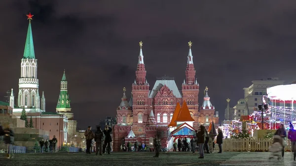 Nachtansicht Des Roten Platzes Mit Weihnachtsdekoration Moskauer Zeitraffer Hyperlapse Der — Stockfoto
