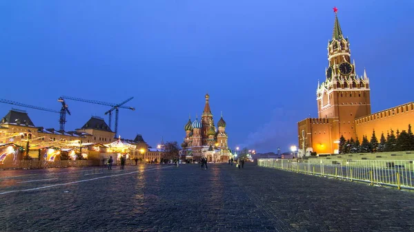 Piazza Rossa Inverno Giorno Notte Timelapse Transizione Cremlino Illuminato Mosca — Foto Stock