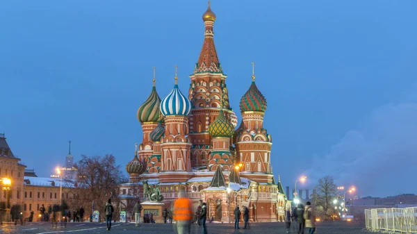 Praça Vermelha Dia Inverno Noite Transição Timelapse Com Catedral Iluminada — Fotografia de Stock