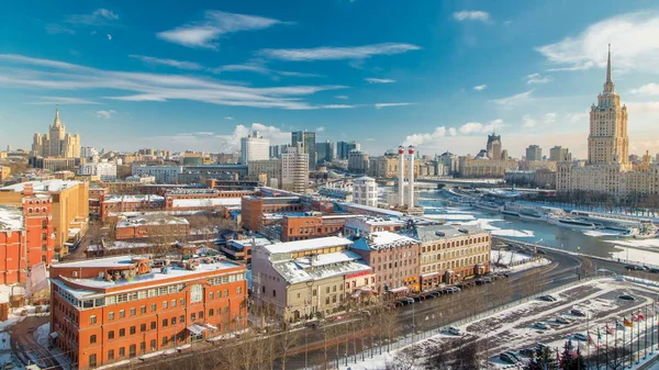 Översta Flygfoto Vinter Staden Moskva Timelapse Hotel Ukraine Huset Regeringen — Stockfoto