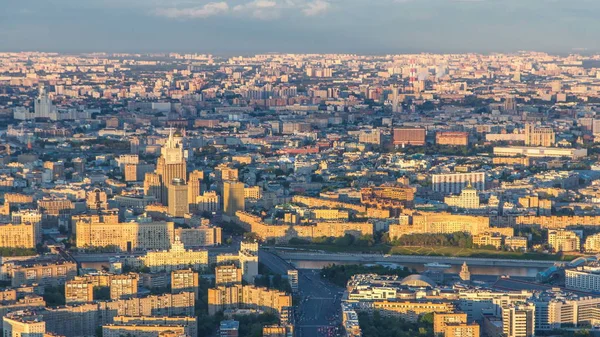 Top Lotu Ptaka Moscow City Timelapse Zachodzie Słońca Tworzą Obserwacji — Zdjęcie stockowe