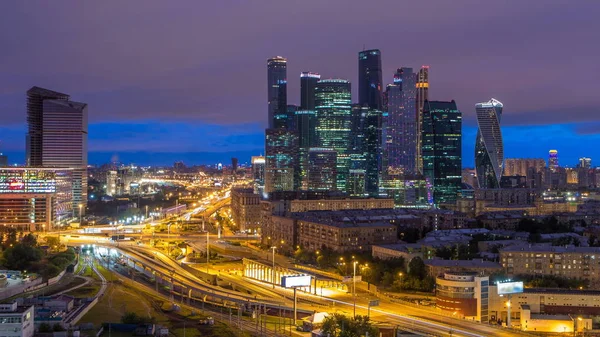 Noite Dia Vista Transição Cidade Tráfego Timelapse Edifício Moscou International — Fotografia de Stock