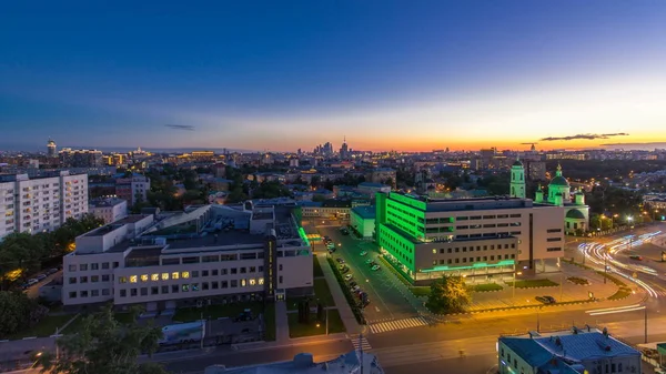 Antenowe Panorama Moskwy Dzień Nocy Przejścia Timelapse Dachu Drapacze Chmur — Zdjęcie stockowe