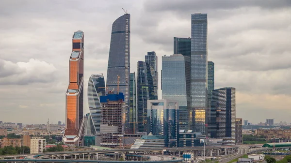 Business Complex Skyscrapers Moscow City Aerial Timelapse Foreground Railway Automobile — Stock Photo, Image