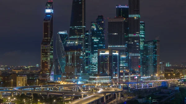 Διεθνές Επιχειρηματικό Κέντρο Μόσχα Moscow City Timelapse Νύχτα Αστικό Τοπίο — Φωτογραφία Αρχείου