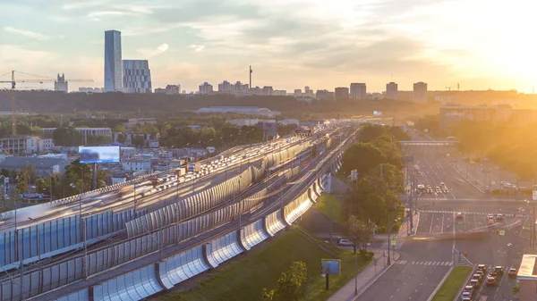 The Third Ring Road at sunset timelapse aerial view from rooftop. The Third Ring is Moscow\'s newest beltway, located between the Garden Ring in the city centre and Moscow Ring Road. Moscow, Russia. City, urban, street, car.