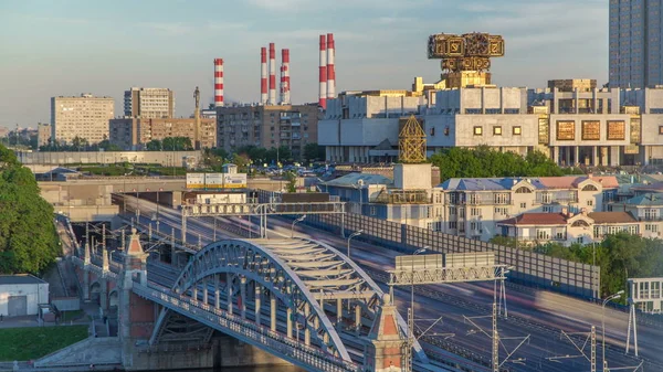 Wieczorem Widok Timelapse Rosyjskiej Akademii Nauk Zachodzie Słońca Novoandreevsky Most — Zdjęcie stockowe