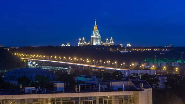 Gece Cityscape Moskova Timelapse Görünümünü Moskova Devlet Üniversitesi Geceleri Aydınlatılan — Stok fotoğraf