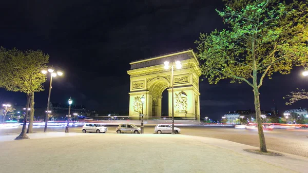 Arc Triomphe Paris France Bei Nacht Zeitraffer Hyperlapse Mit Bäumen — Stockfoto