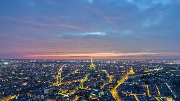 Pohled Paříž Eiffelova Věž Montparnasse Tower Timelapse Twilight Eiffelova Věž — Stock fotografie