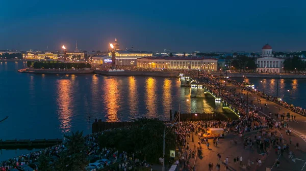 Bovenaanzicht Van Het Nacht Van Spit Vasilyevsky Island Birzhevoy Bridge — Stockfoto