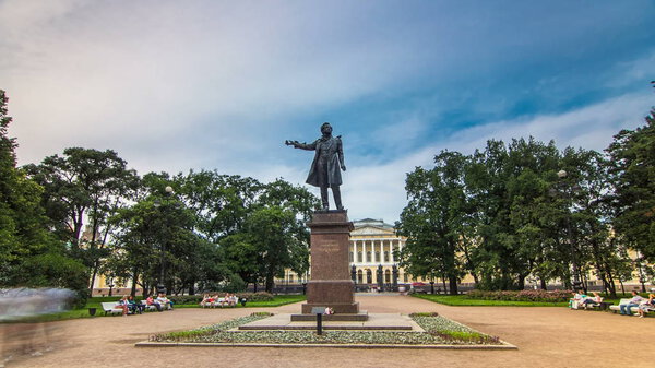 Monument to Alexander Pushkin timelapse hyperlapse on Ploshchad Iskusstv (Arts Square) in front of the Russian Museum ( Mikhailovsky Palace) in St.-Petersburg, Russia