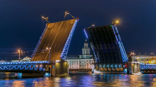 Podniesiony Palace Bridge Kunstkamera Timelapse Muzeum Antropologii Etnografii Rosja Petersburg — Zdjęcie stockowe