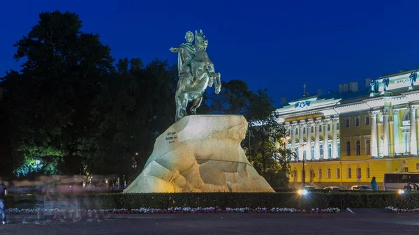 Peter Great Monument Bronze Horseman Senate Square Night Timelapse Hyperlapse — Stock Photo, Image