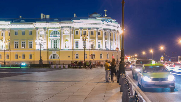 Building of the Russian constitutional court timelapse near Monument to Peter I, building of library of a name of Boris Yeltsin, night illumination and traffic. Russia, Saint-Petersburg