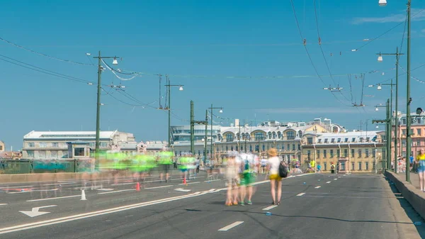 Birzhevoy Bridge Timelapse Xxvii International Marathon Saint Petersburg Russia People — Stock Photo, Image