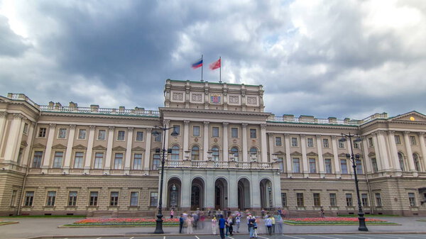 The Legislative Assembly of Saint Petersburg timelapse hyperlapse. It is located in a historic building called Mariinsky Palace. Cloudy stormy sky before rain