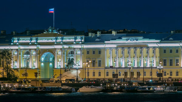 Building of the Russian constitutional court timelapse, Monument to Peter I, building of library of a name of Boris Yeltsin, night illumination, boats on Neva river. Russia, Saint-Petersburg