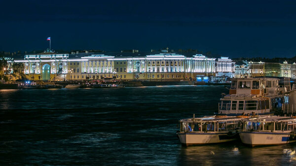 Building of the Russian constitutional court timelapse, Monument to Peter I, building of library of a name of Boris Yeltsin, night illumination, boats on Neva river. Russia, Saint-Petersburg