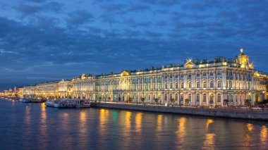 The winter Palace day to night transition timelapse and pier on the Palace embankment in summer in Saint-Petersburg. View from Palace bridge at sunset time clipart