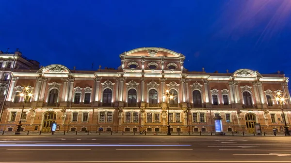 Illuminated Beloselsky Belozersky Palace Night Timelapse Traffic Nevskiy Avenue Petersburg — Stock Photo, Image