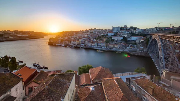 Panorama Old City Porto River Duoro Port Transporting Boats Sunset — Stock Photo, Image