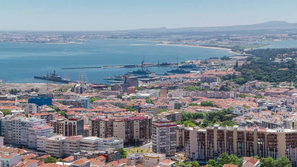 Lissabon Med Flottans Fartyg Flodstranden Tagus Centrala Portugal Timelapse Från — Stockfoto