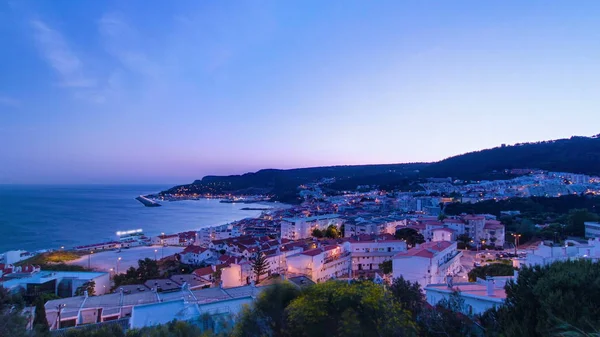 Twilight Sunset Sesimbra Portugal Timelapse Day Night Transition Lights Turn — Stock Photo, Image