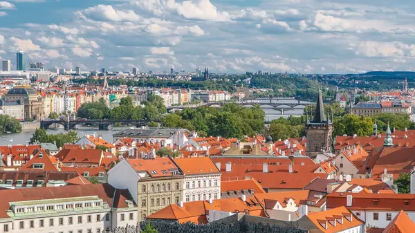 Panorama Vieille Ville Prague Avec Des Toits Rouges Timelapse Ponts — Photo