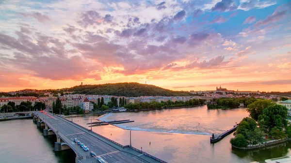 View Prague Hill Petrin Timelapse Owl Mills Jirasek Bridge Sunset — стоковое фото