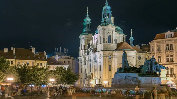 Barok Nicholas Katedry Oldtown Placu Pradze Pomnik Jan Hus Oświetlony — Zdjęcie stockowe