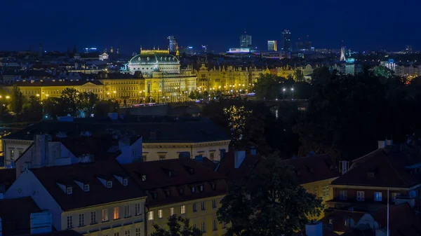 Teatro Nacional Iluminado Praga Noite Com Reflexão Timelapse Rio Vltava — Fotografia de Stock