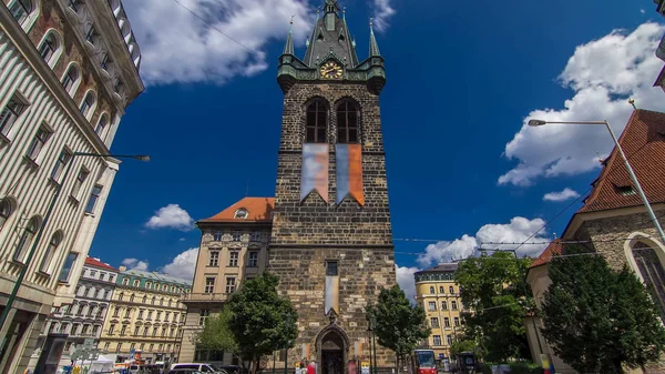 Jindrisska Tower Timelapse Hyperlapse Highest Belfry Prague Gothic Tower Itself — Stock Photo, Image