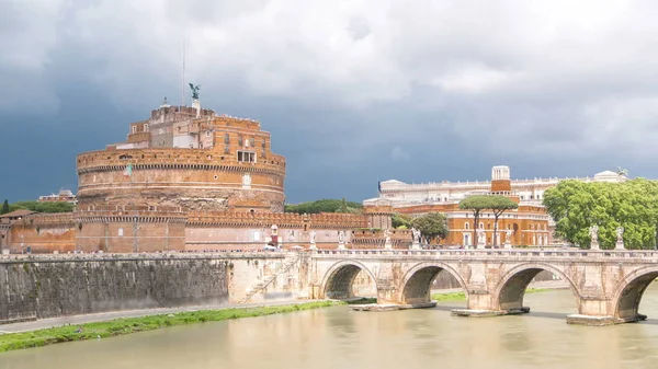 View Famous Saint Angel Castle Timelapse Bridge Tiber River Rome — Stock Photo, Image