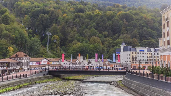 Asentamiento Tipo Municipal Krasnaya Polyana Río Con Puente Mzymta Timelapse —  Fotos de Stock