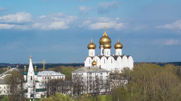 Panorama of the city of Yaroslavl timelapse from the bell tower of the Spaso-Preobrazhensky monastery. Blue cloudy sky at sunny day