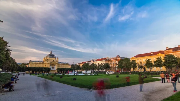 Panoramic Timelapse View Art Pavilion King Tomislav Square Sunset Zagreb — Fotografia de Stock