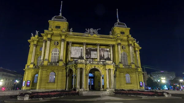 Building Croatian National Theater Night Timelapse Hyperlapse Front View — Stock Photo, Image