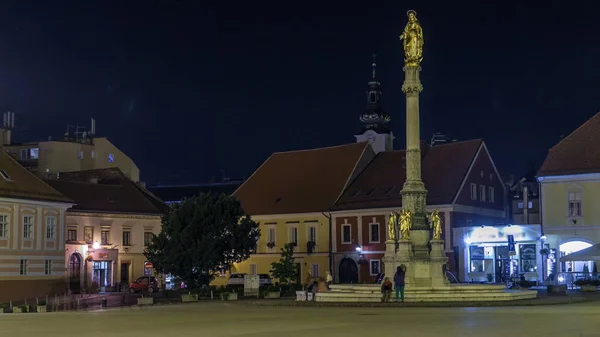 Heilige Maria Monument Tegenover Kathedraal Nacht Timelapse Zagreb Kroatië Historische — Stockfoto