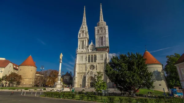 Cattedrale Zagabria Timelapse Iperlasso Monumento Chiamato Pilastro Maria Zagreb Croazia — Foto Stock