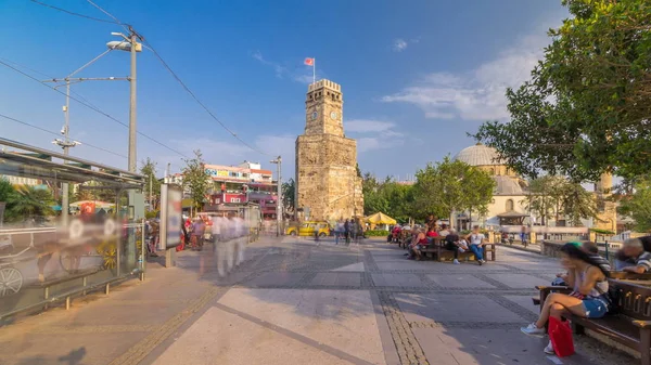 Věž Hodinami Historické Části Města Antalya Kaleici Timelapse Hyperlapse Turecko — Stock fotografie