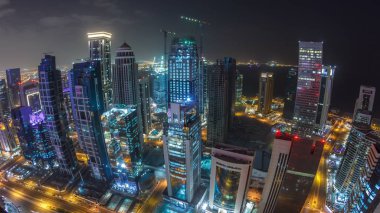 Katar 'ın Doha Zaman Çizelgesi' nde Batı Körfezi bölgesinin ufuk çizgisi. Aydınlatılmış modern gökdelenler geceleri çatıdan gökyüzü manzarası. Yollarda trafik vardı. Fisheye merceği