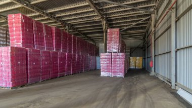 Lojistik, depolama, Sevkiyat, sanayi ve üretim kavramı timelapse hyperlapse - forklift yükleyici işyerinde depoda saklama kargo kutuları taşır.