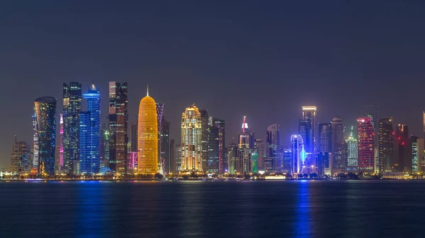 Doha Downtown Skyline Day Night Transition Timelapse Qatar Middle East — Stock Photo, Image