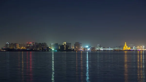 Doha Skyline Islamic Cultural Center Timelapse Illuminated Night Qatar Middle — Stock Photo, Image